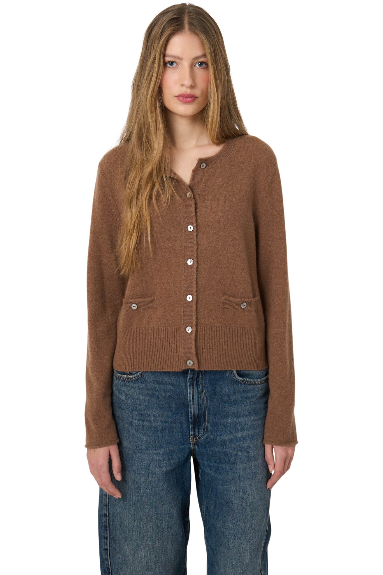 Repeat Cashmere Cropped Cardigan with Fringes in Hazel