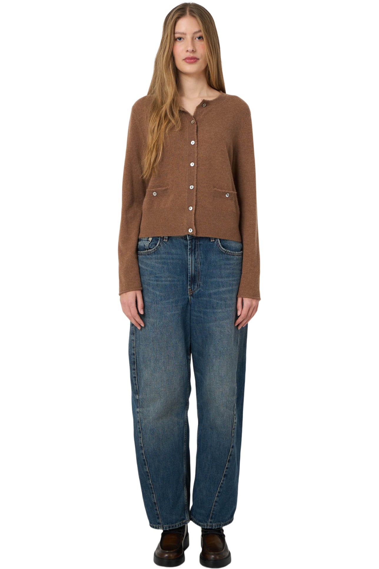 Repeat Cashmere Cropped Cardigan with Fringes in Hazel