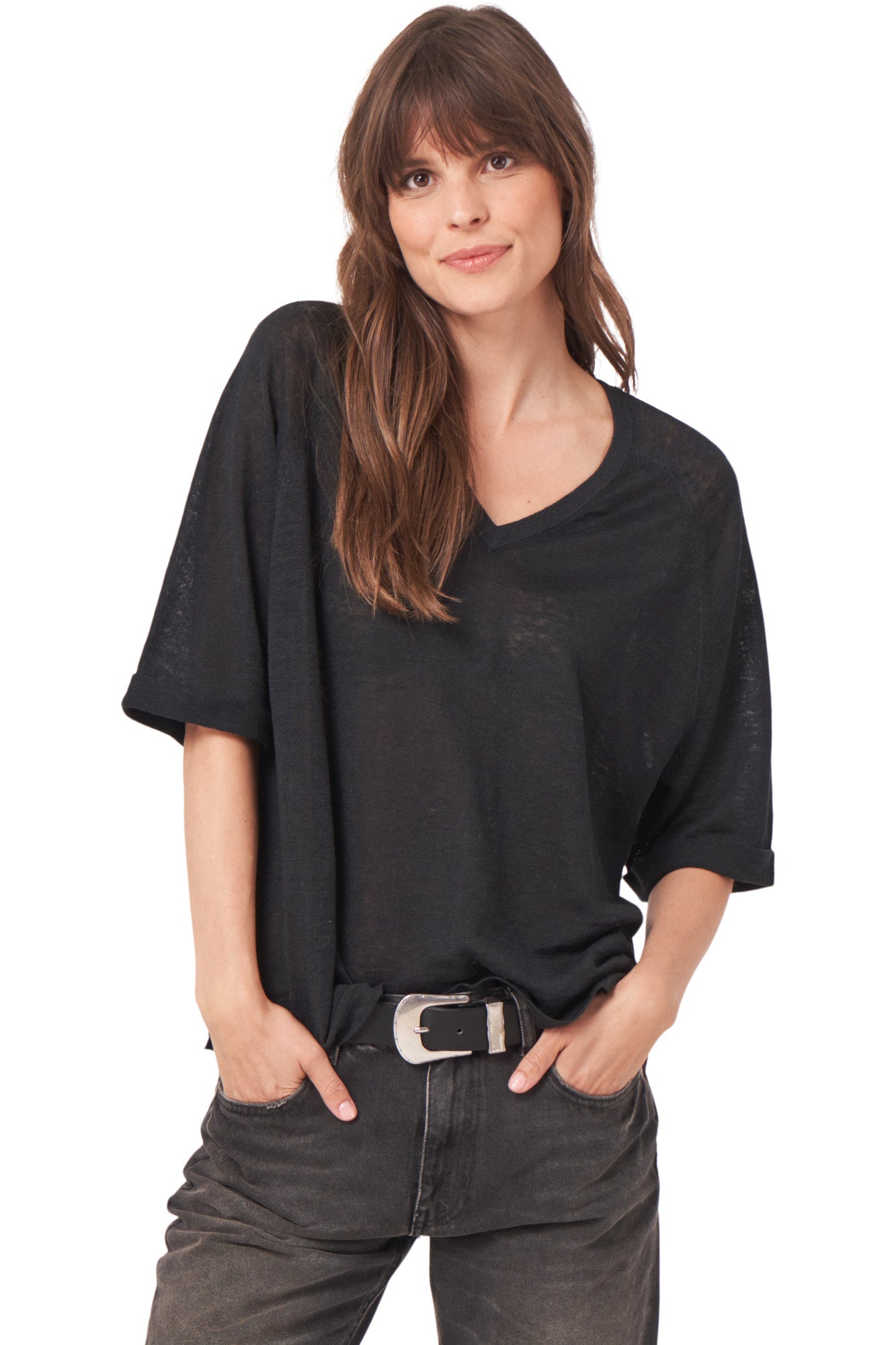 Repeat Cashmere Linen V-neck Sweater in Black