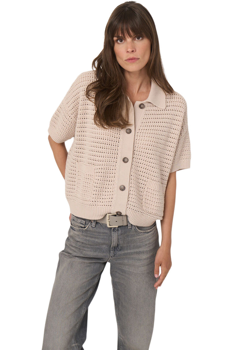Repeat Cashmere Openwork Cotton Polo Cardigan
in Natural