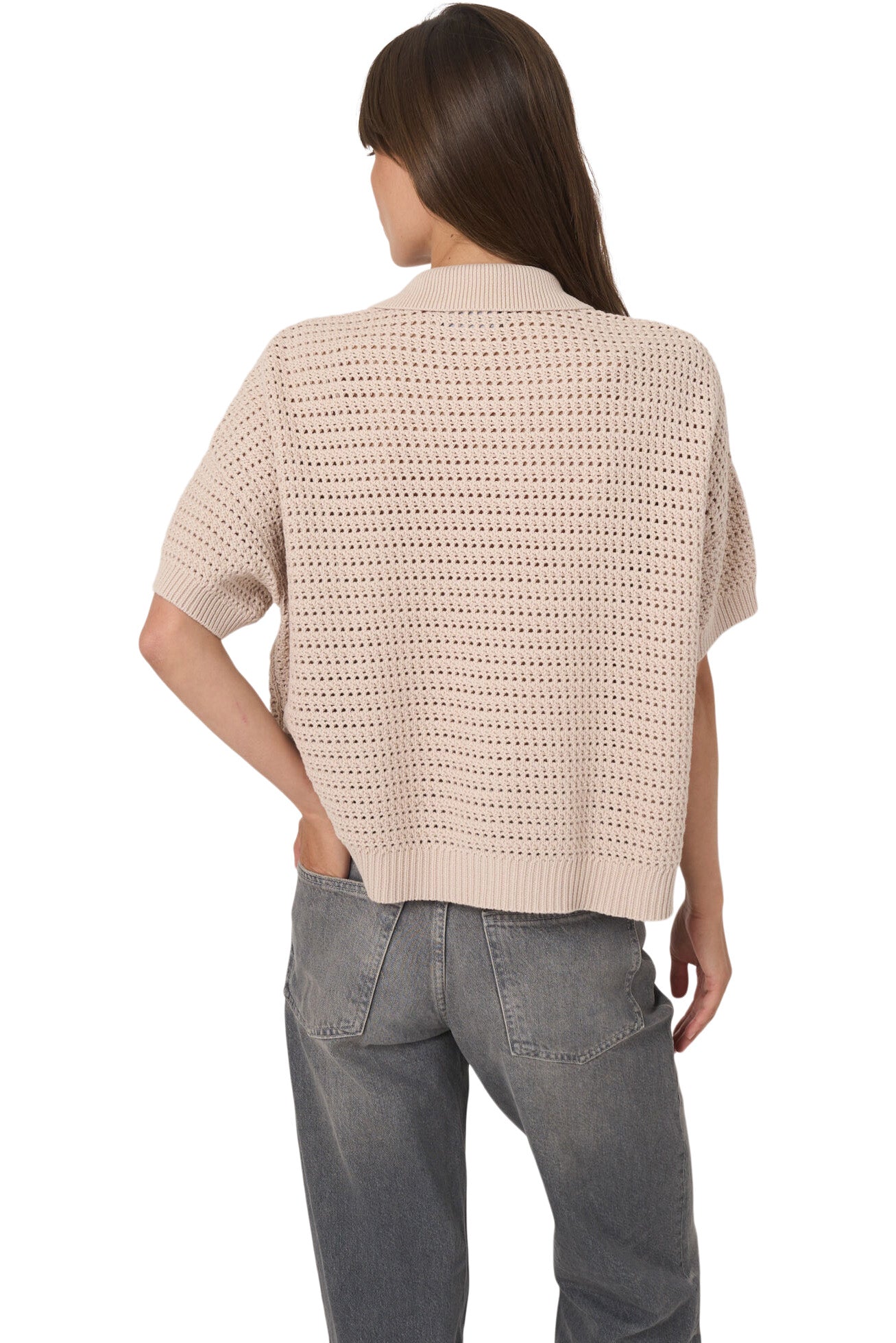 Repeat Cashmere Openwork Cotton Polo Cardigan
in Natural