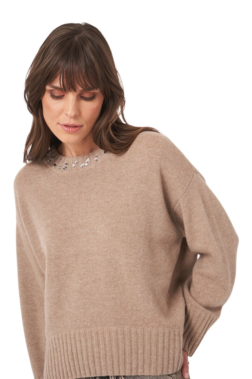 Repeat Cashmere Oversized Knit Sweater with Rhinestone Detail in Desert