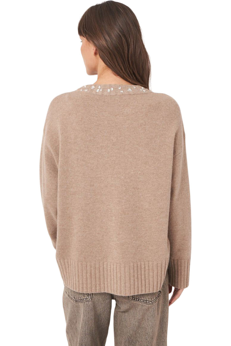 Repeat Cashmere Oversized Knit Sweater with Rhinestone Detail in Desert