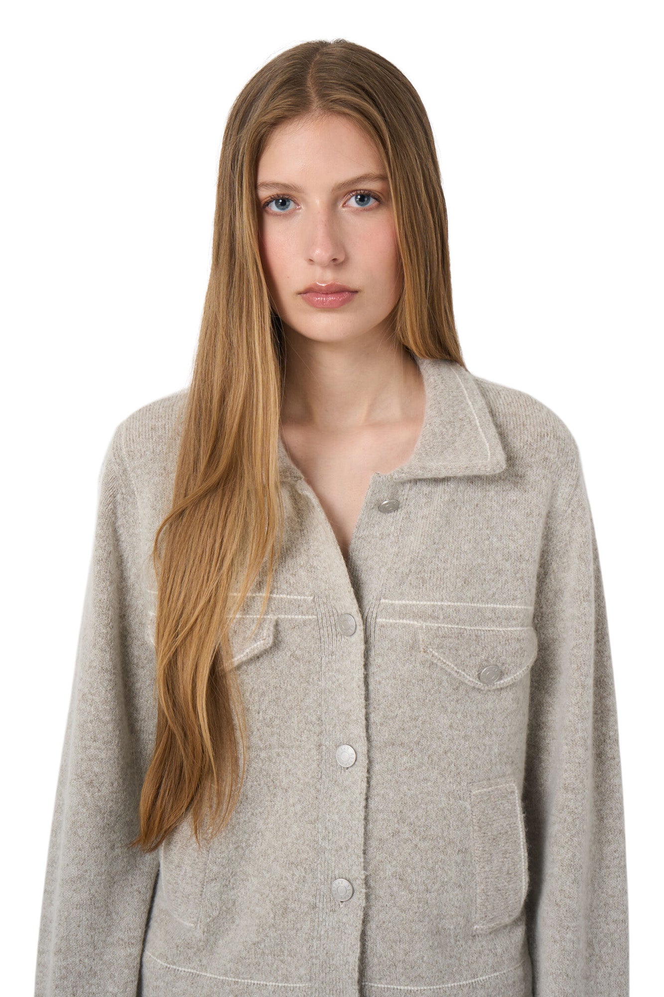 Repeat Cashmere Polo Cardigan with Contrast Stitching in Hazel