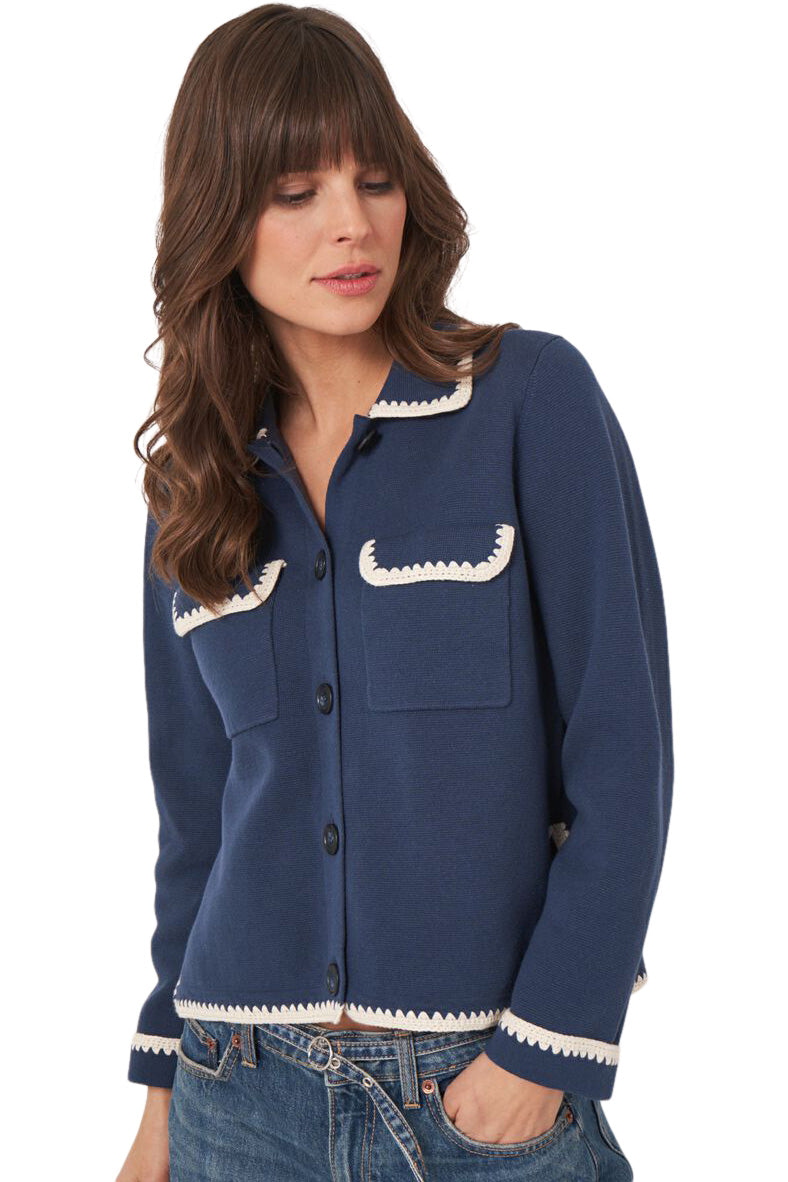 Repeat Cashmere Polo Neck Buttoned Cardigan with Crochet Details in Marine