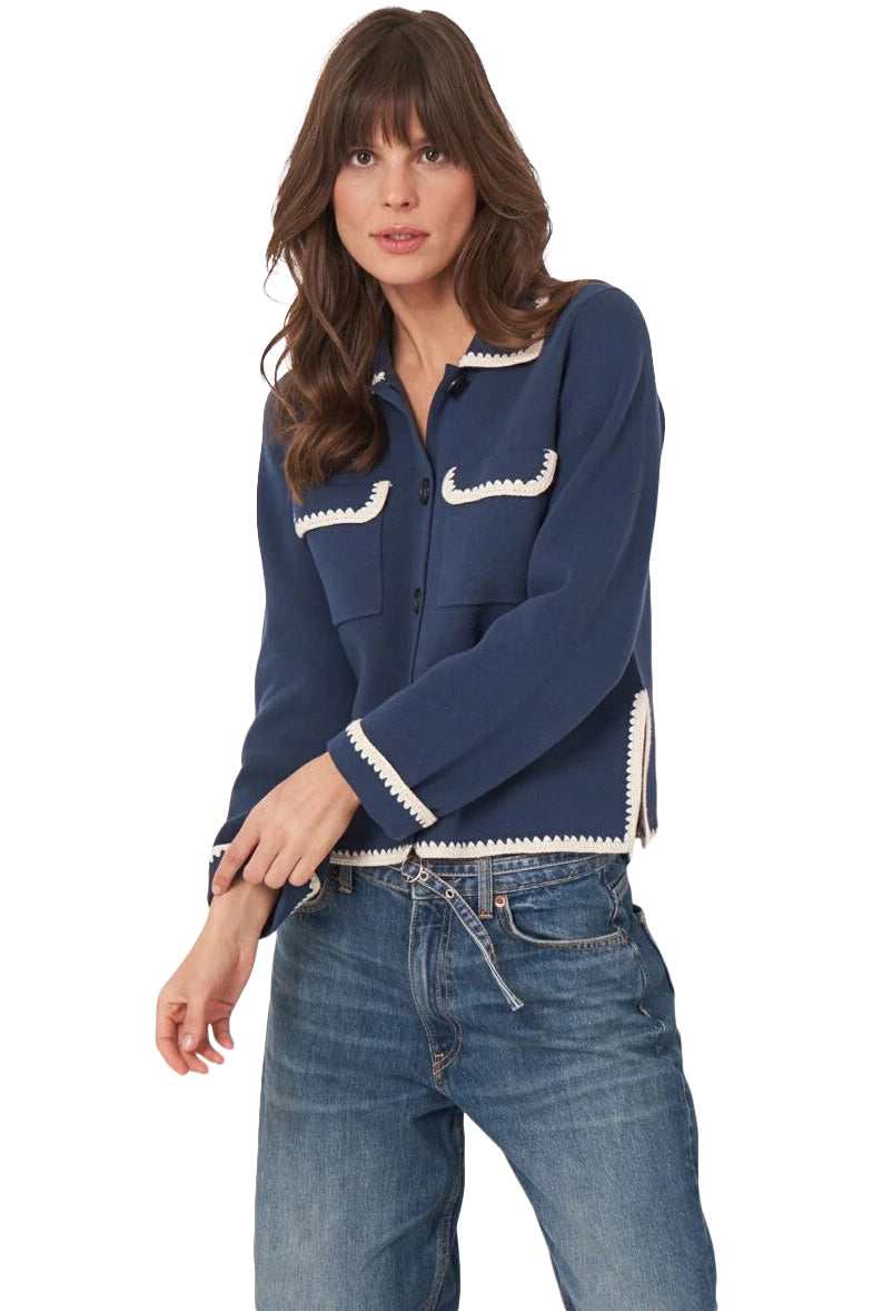 Repeat Cashmere Polo Neck Buttoned Cardigan with Crochet Details in Marine
