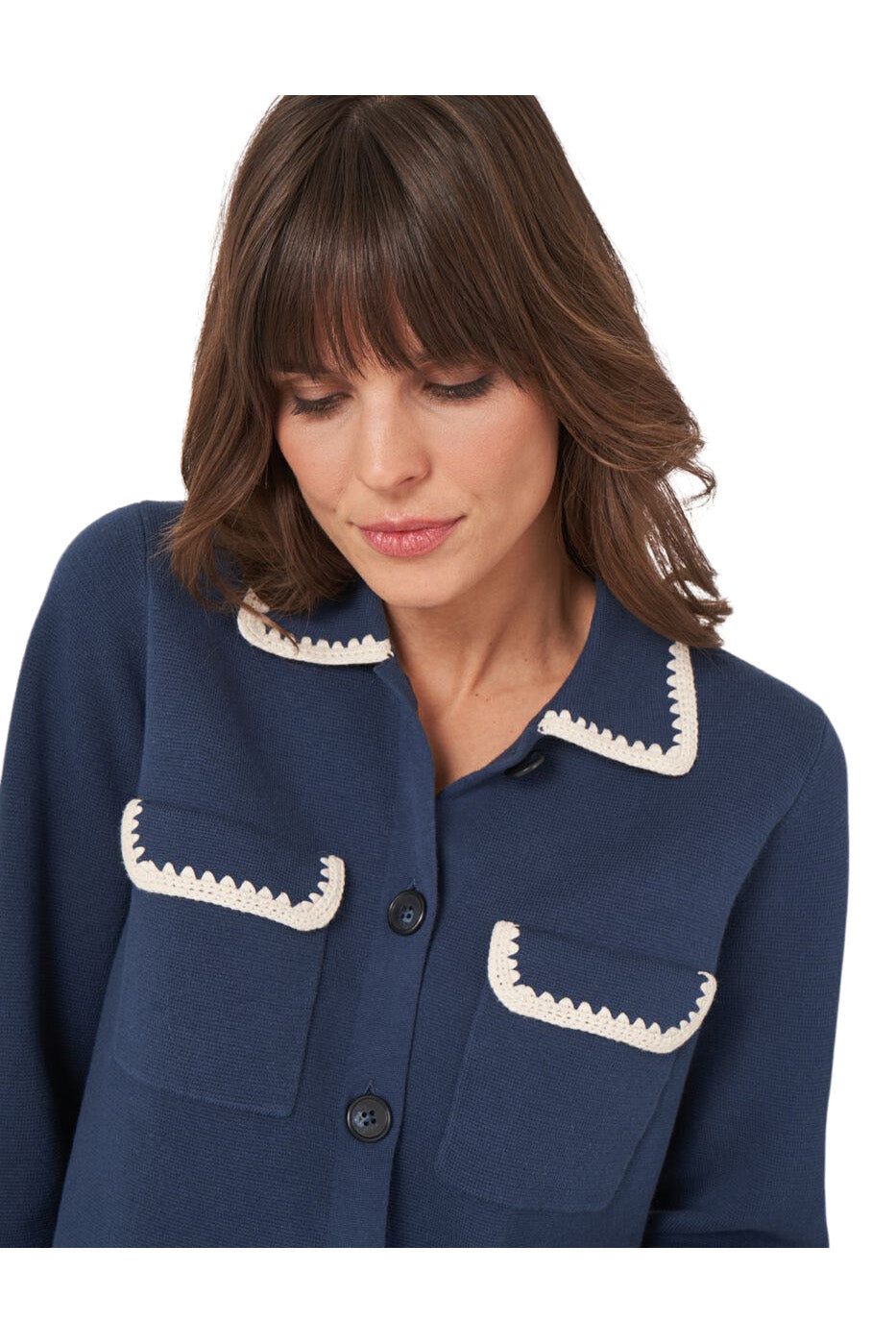 Repeat Cashmere Polo Neck Buttoned Cardigan with Crochet Details in Marine