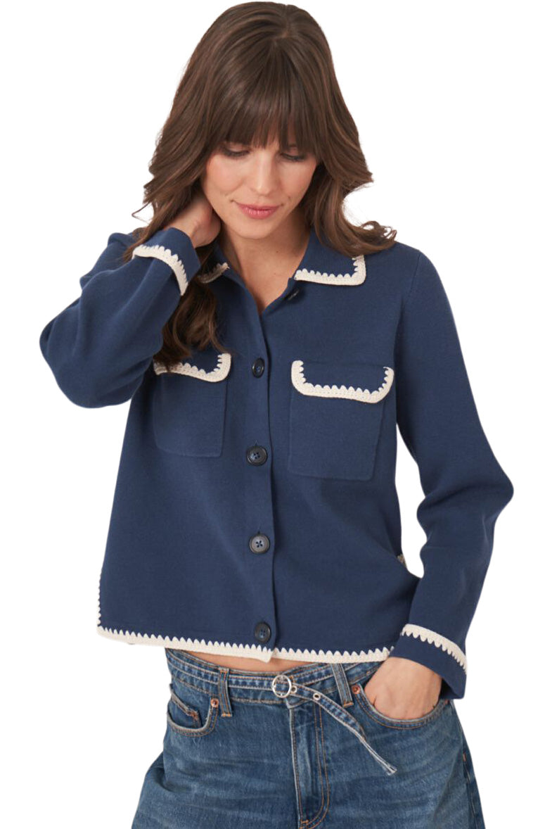 Repeat Cashmere Polo Neck Buttoned Cardigan with Crochet Details in Marine