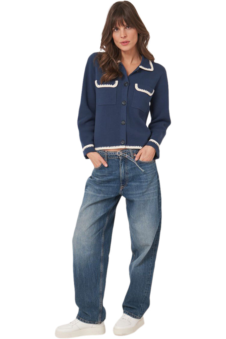 Repeat Cashmere Polo Neck Buttoned Cardigan with Crochet Details in Marine