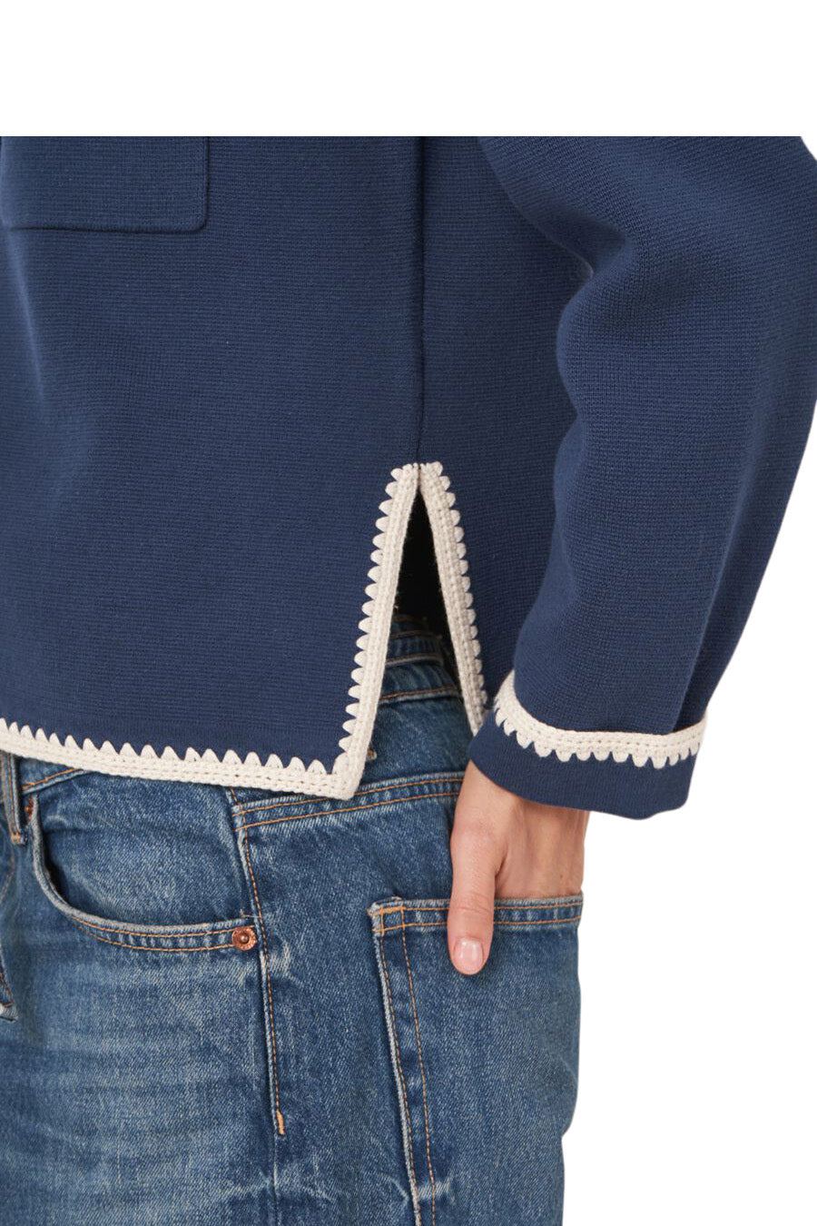 Repeat Cashmere Polo Neck Buttoned Cardigan with Crochet Details in Marine