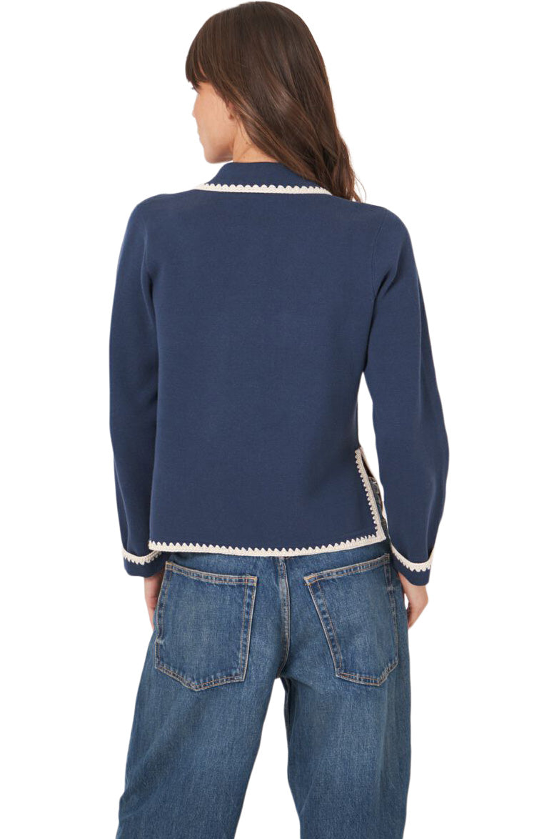 Repeat Cashmere Polo Neck Buttoned Cardigan with Crochet Details in Marine