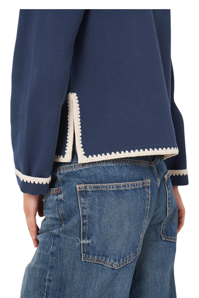 Repeat Cashmere Polo Neck Buttoned Cardigan with Crochet Details in Marine