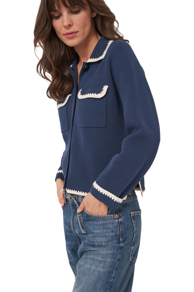 Repeat Cashmere Polo Neck Buttoned Cardigan with Crochet Details in Marine