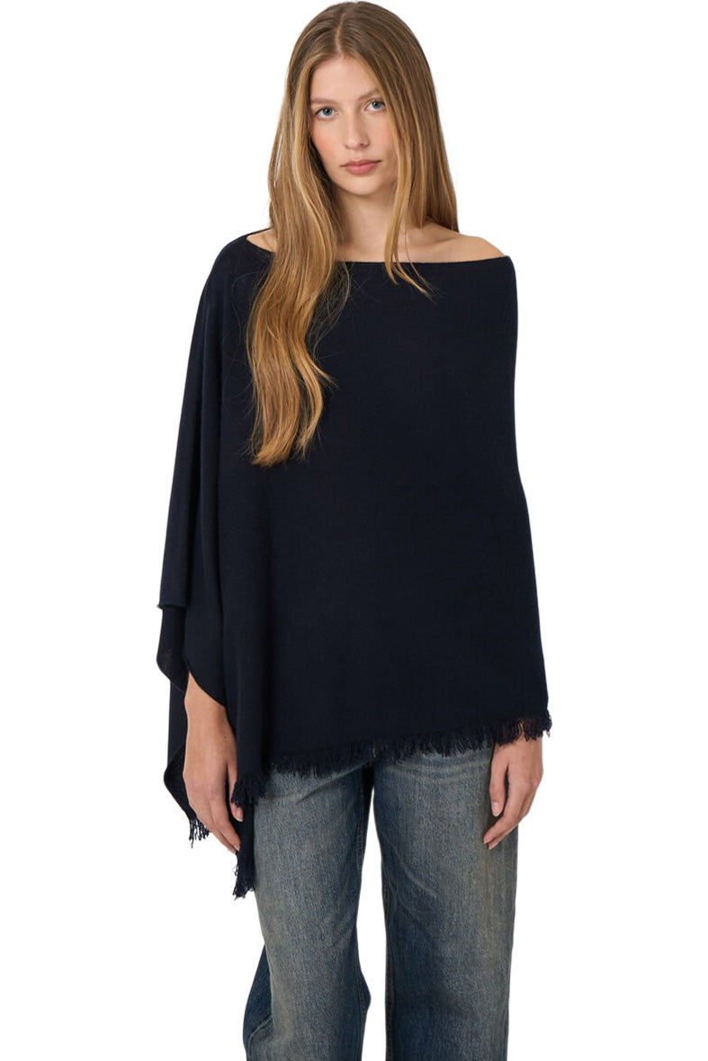 Repeat Cashmere Poncho with Fringe in Navy