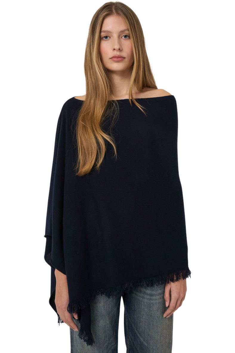 Repeat Cashmere Poncho with Fringe in Navy
