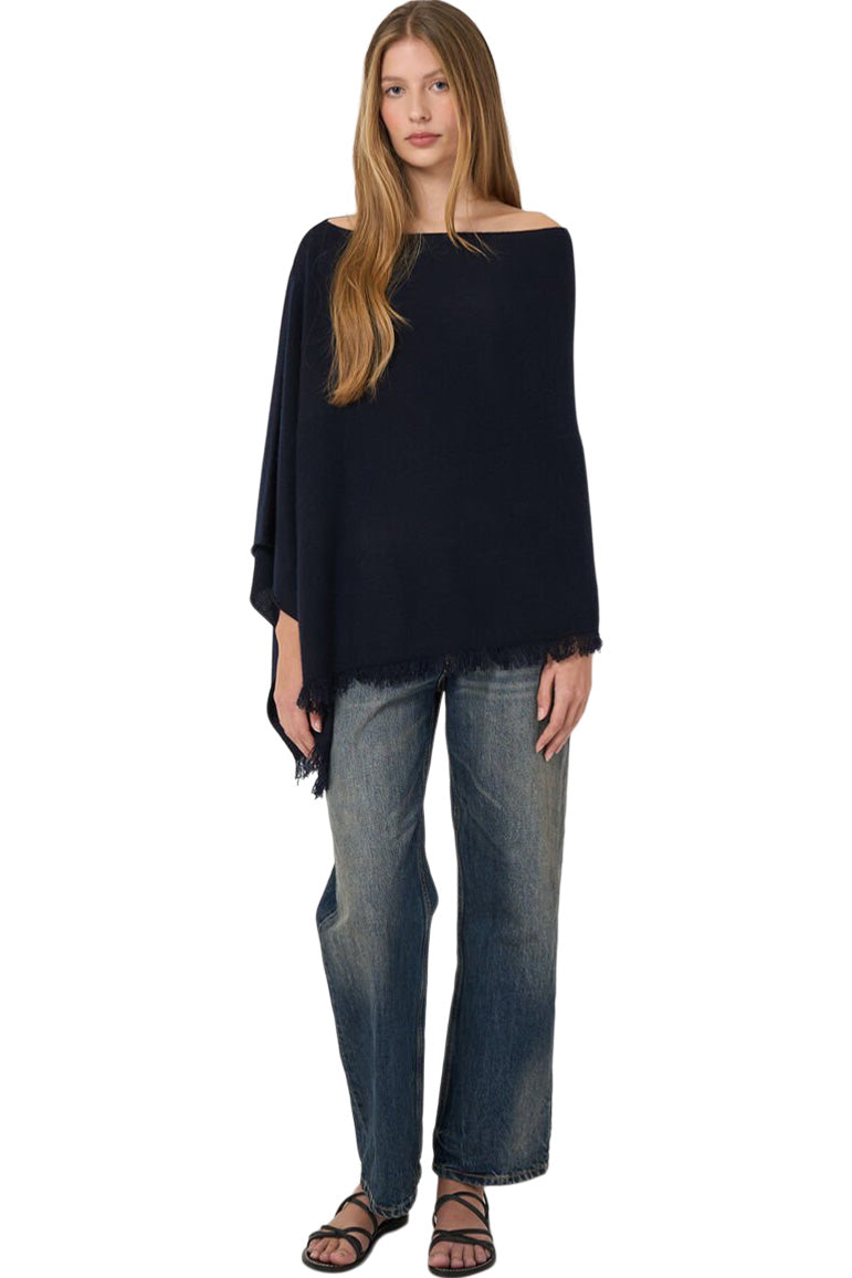 Repeat Cashmere Poncho with Fringe in Navy