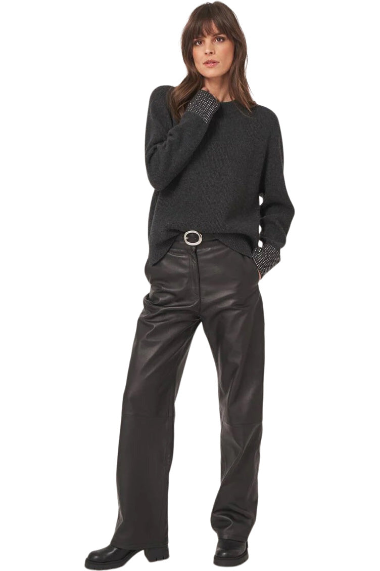 Repeat Cashmere Relaxed Rib Knit Sweater with Rhinestone Cuffs in Charcoal