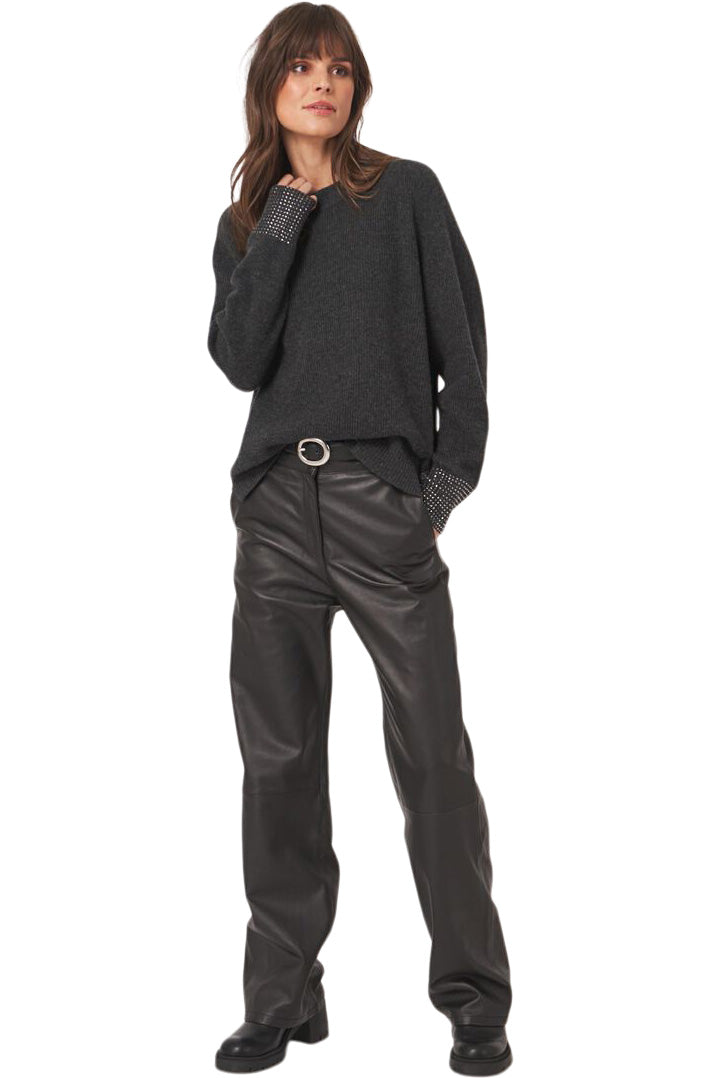 Repeat Cashmere Relaxed Rib Knit Sweater with Rhinestone Cuffs in Charcoal
