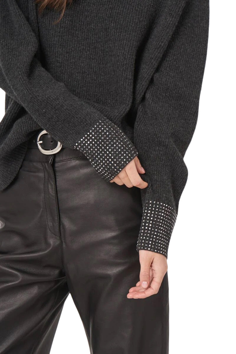 Repeat Cashmere Relaxed Rib Knit Sweater with Rhinestone Cuffs in Charcoal