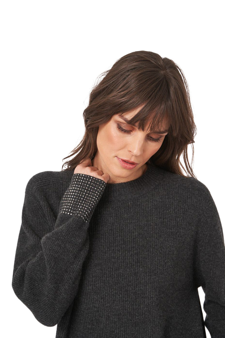 Repeat Cashmere Relaxed Rib Knit Sweater with Rhinestone Cuffs in Charcoal