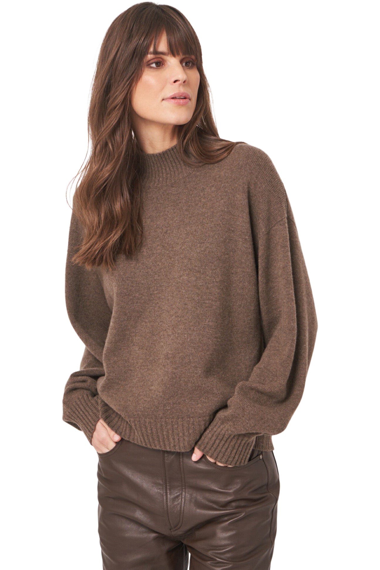 Repeat Cashmere Seamless Stand Collar Sweater in Cacao