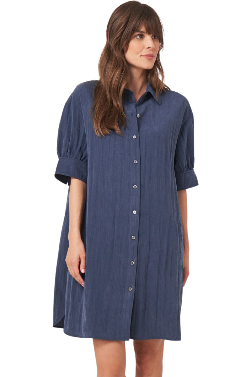 Repeat Cashmere Shirt Dress with Short Puff Sleeves in Marine