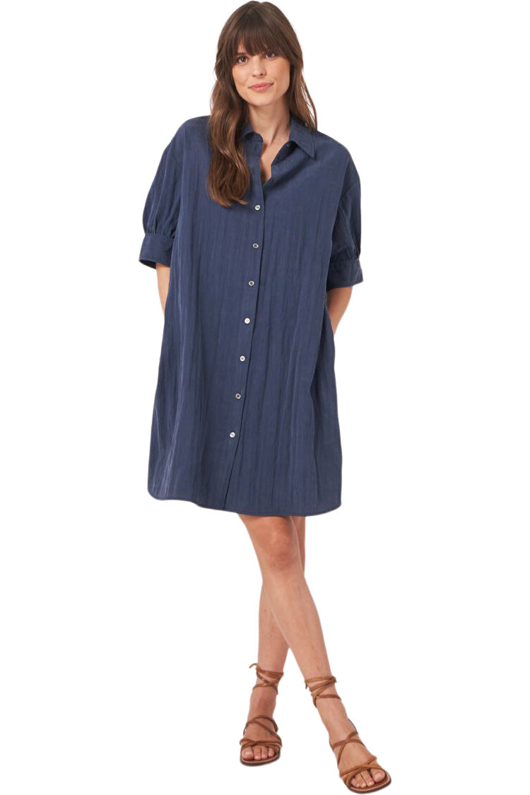 Repeat Cashmere Shirt Dress with Short Puff Sleeves in Marine
