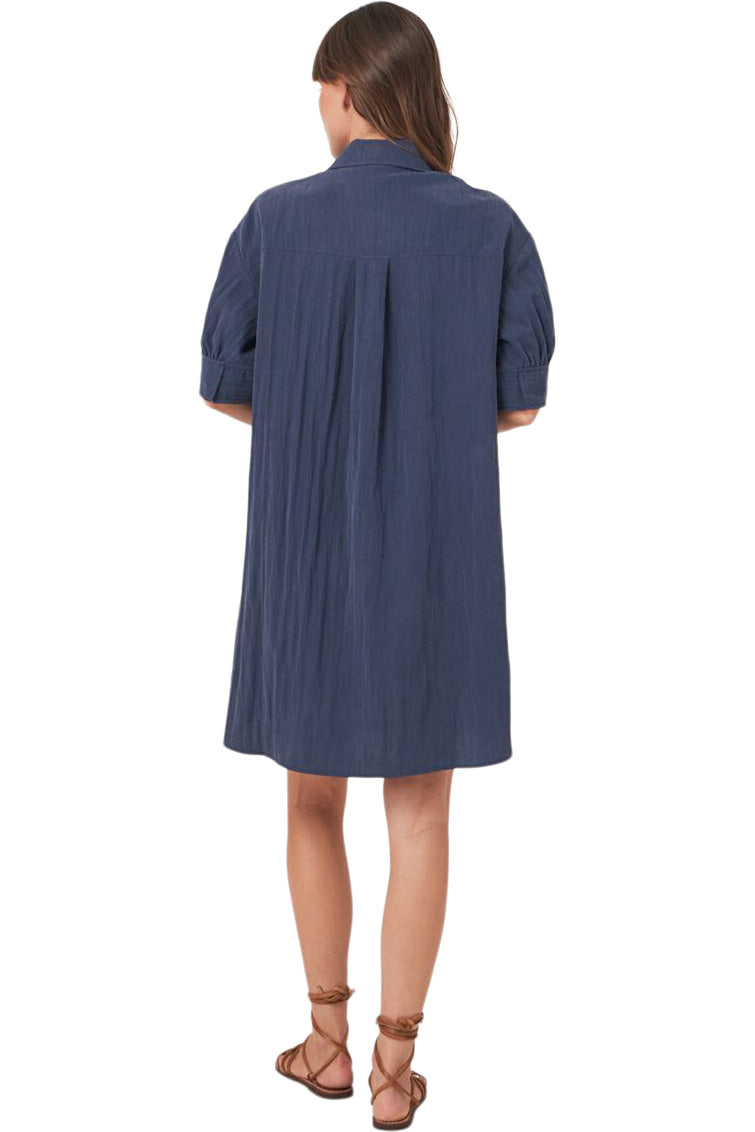 Repeat Cashmere Shirt Dress with Short Puff Sleeves in Marine