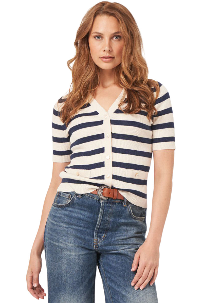 Repeat Cashmere Short Sleeve Rib Knit Striped Cardigan in Ivory