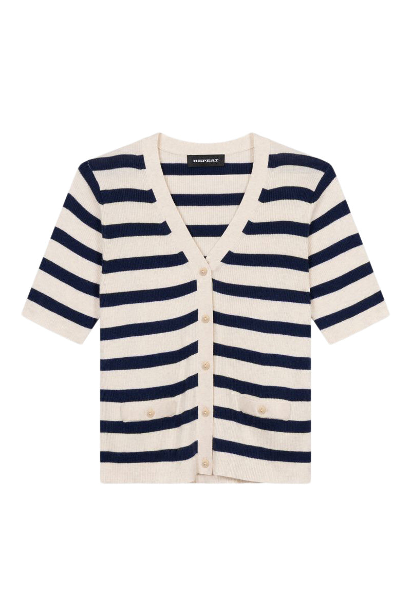 Repeat Cashmere Short Sleeve Rib Knit Striped Cardigan in Ivory