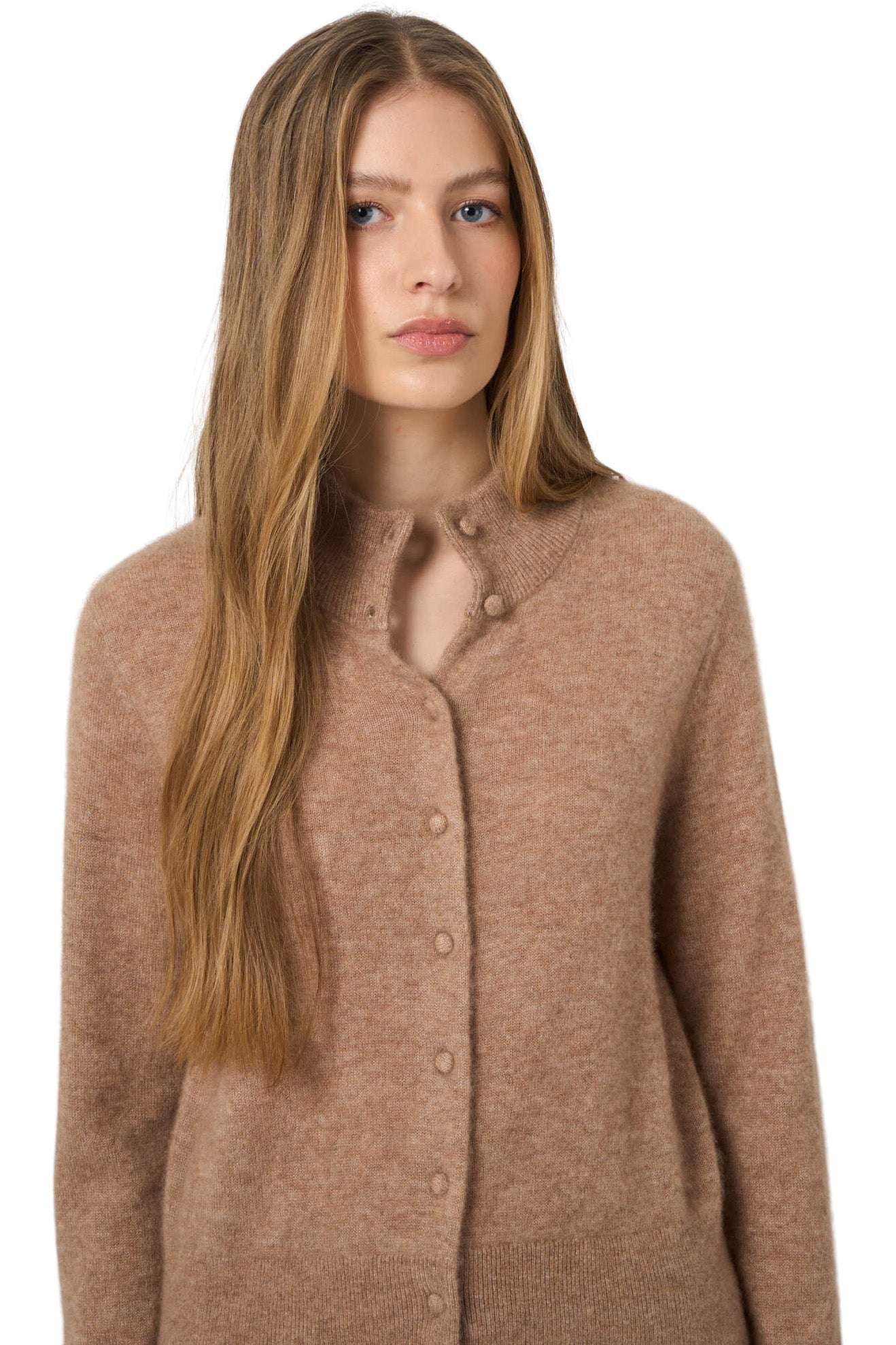 Repeat Cashmere Stand-Collar Cardigan with Brushed Look in Fawn