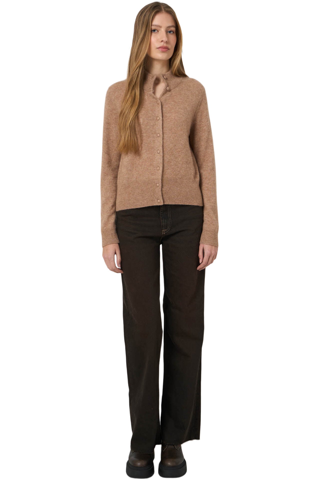 Repeat Cashmere Stand-Collar Cardigan with Brushed Look in Fawn