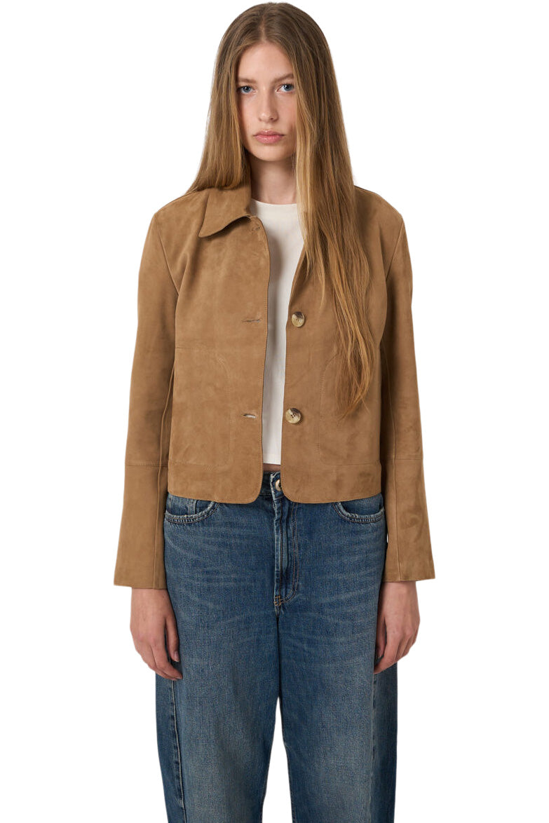 Repeat Cashmere Suede Shirt Jacket in Camel