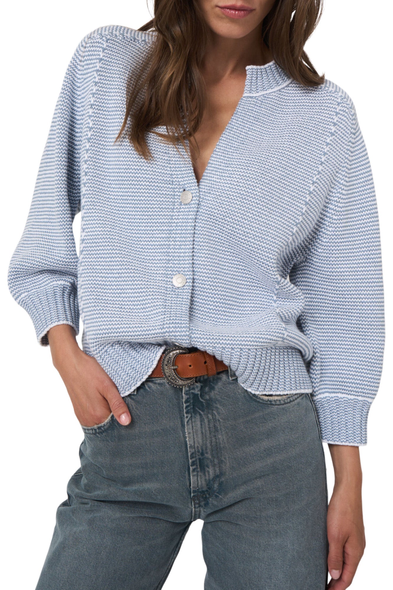Repeat Cashmere Two Tone Cotton Stripe Cardigan in Denim