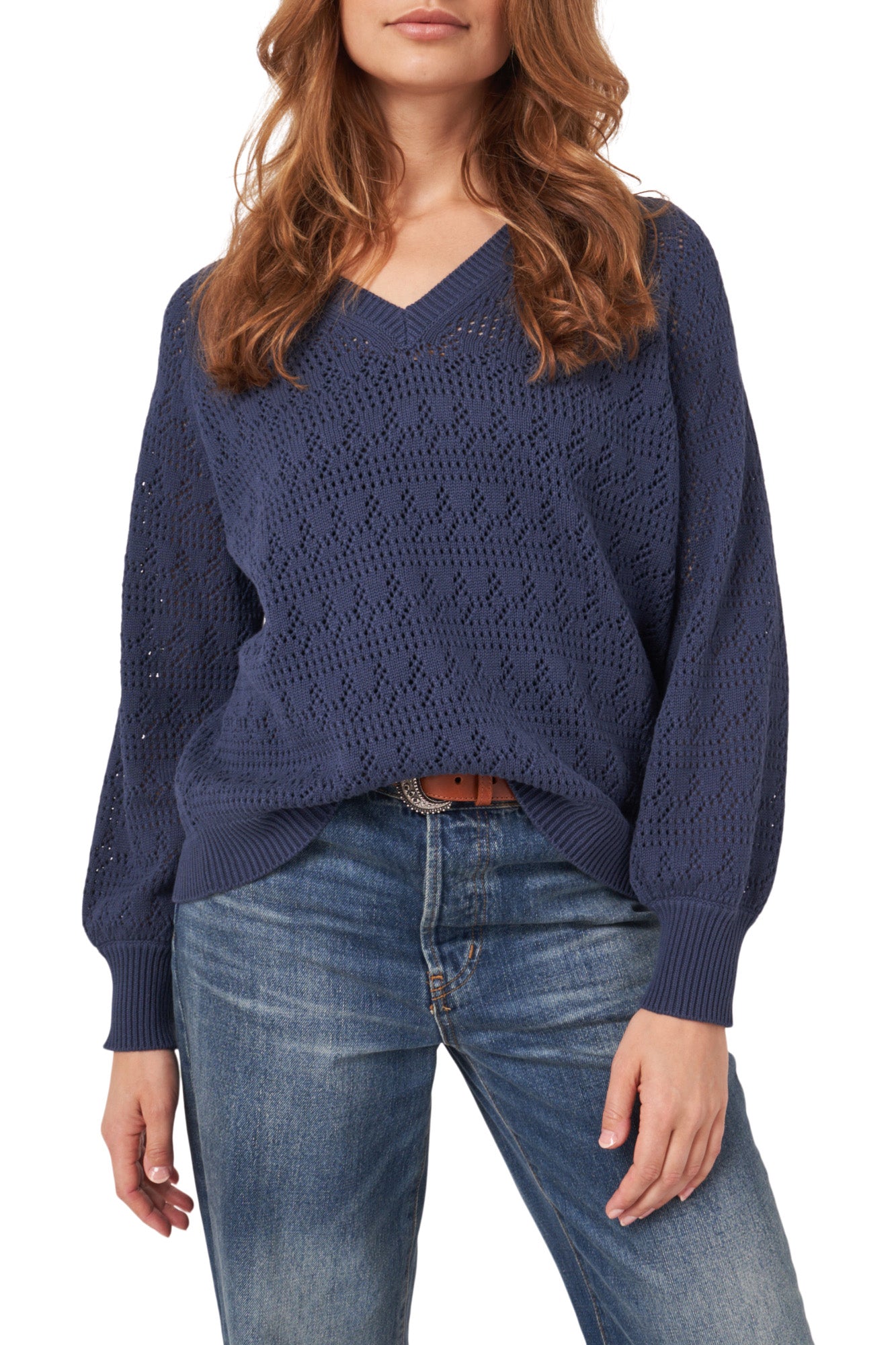 Repeat Cashmere V-neck Pointelle Sweater in Marine