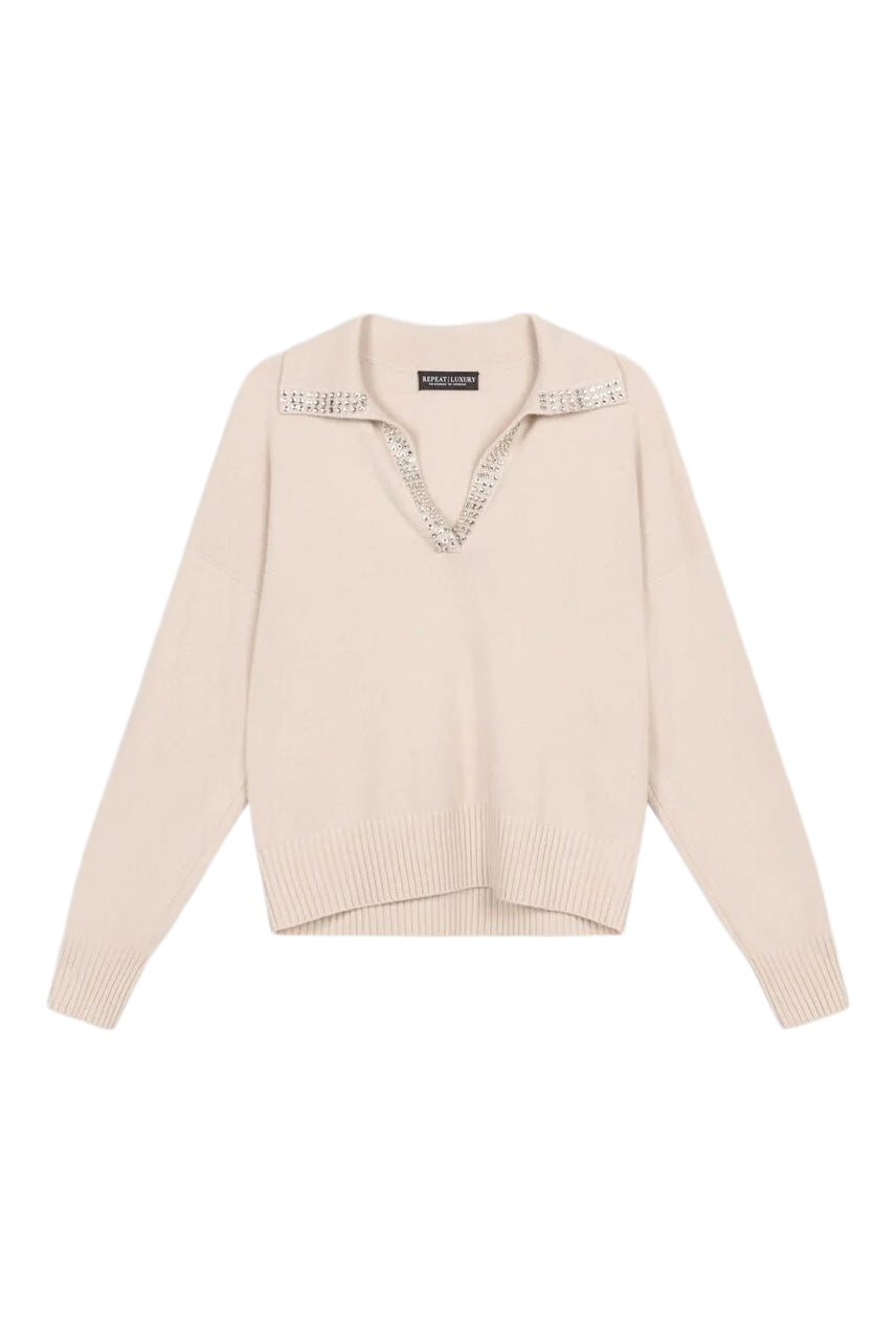 Repeat Cashmere Loose Fit Sweater with Embroidered Pearl Trim