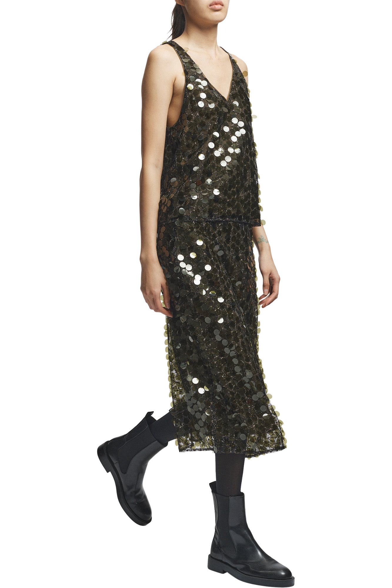 Saint Art Zyon Mesh Sequin Skirt in Olive