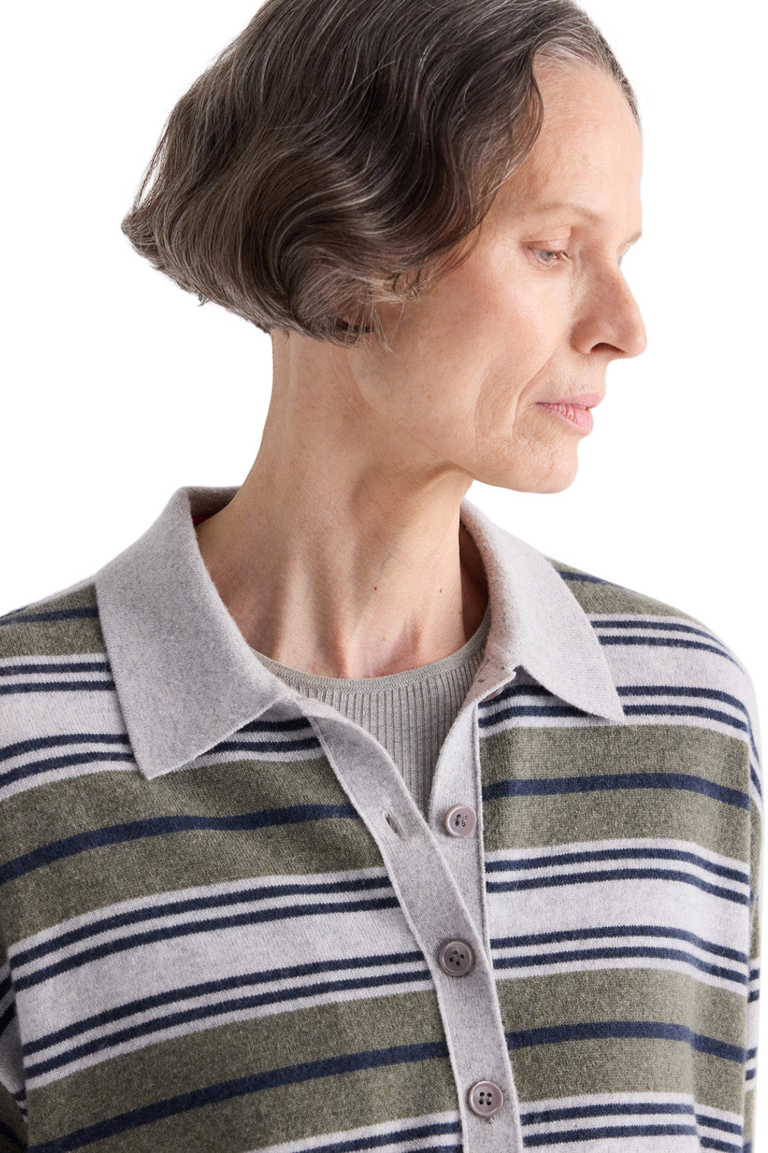 TWP Polo Sweater with Stripes in Moss-Night Sky-Light Heather Grey