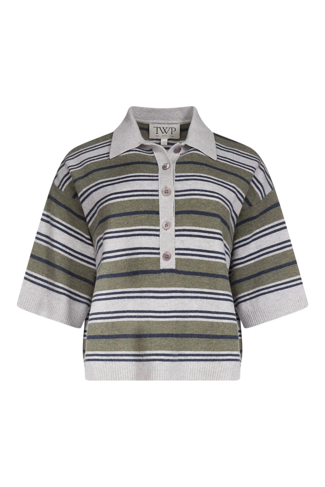 TWP Polo Sweater with Stripes in Moss-Night Sky-Light Heather Grey