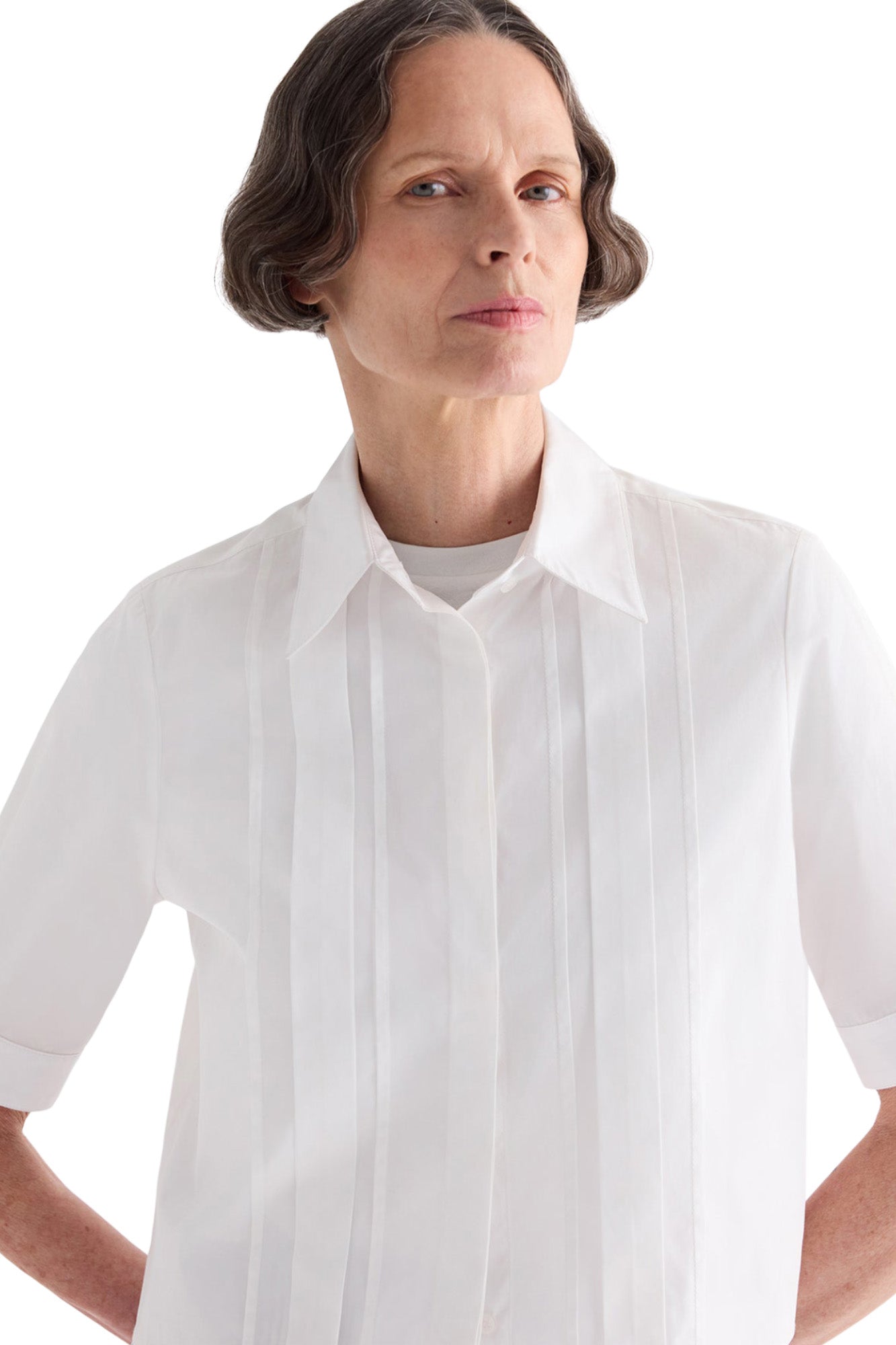 TWP Short Lived Placket with Cherry Pleats in White
