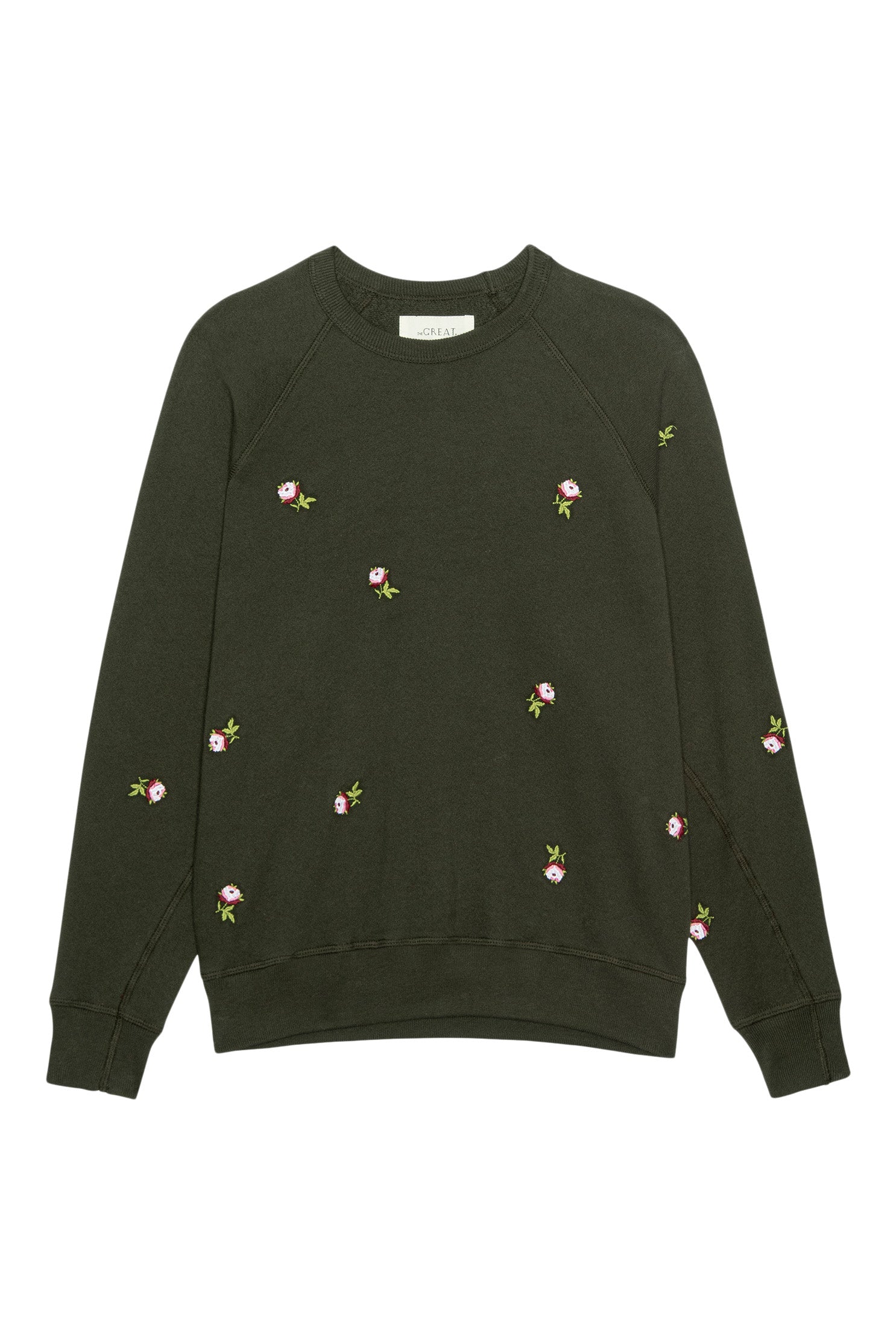 The Great College Sweatshirt with Embroidered Roses in Woodland Green