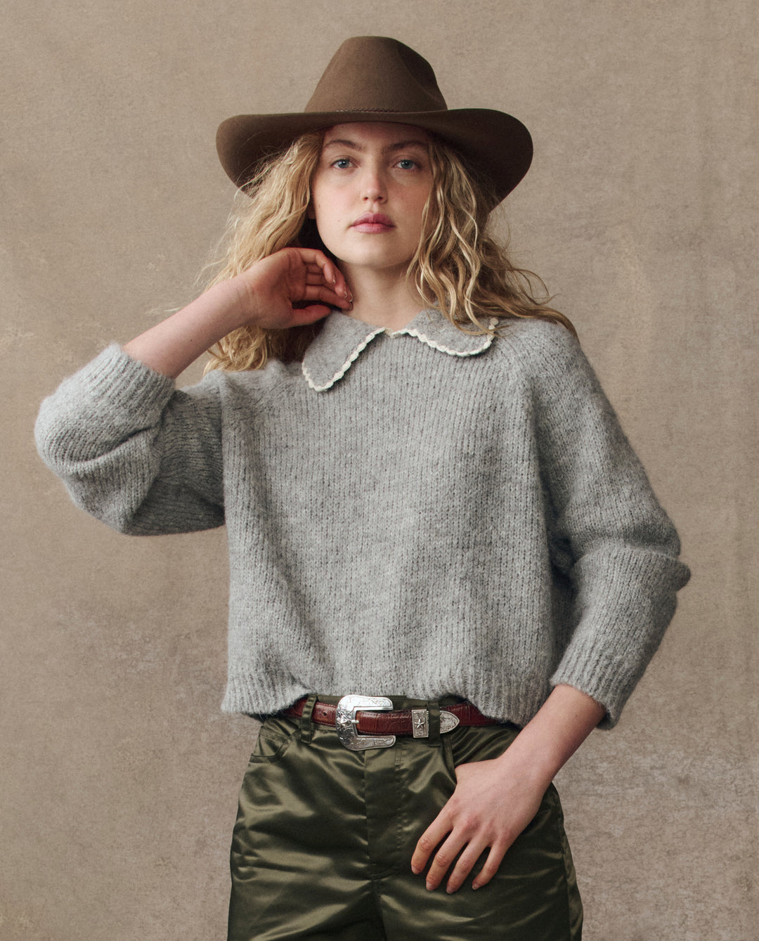 The Great Crochet Collar Pullover in Heather Grey