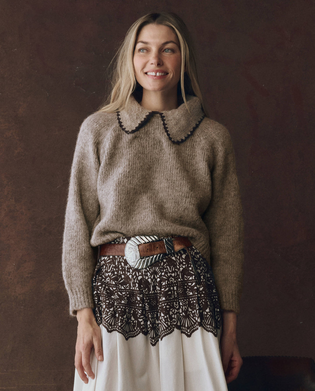 The Great Crochet Collar Pullover in Oat with Brown