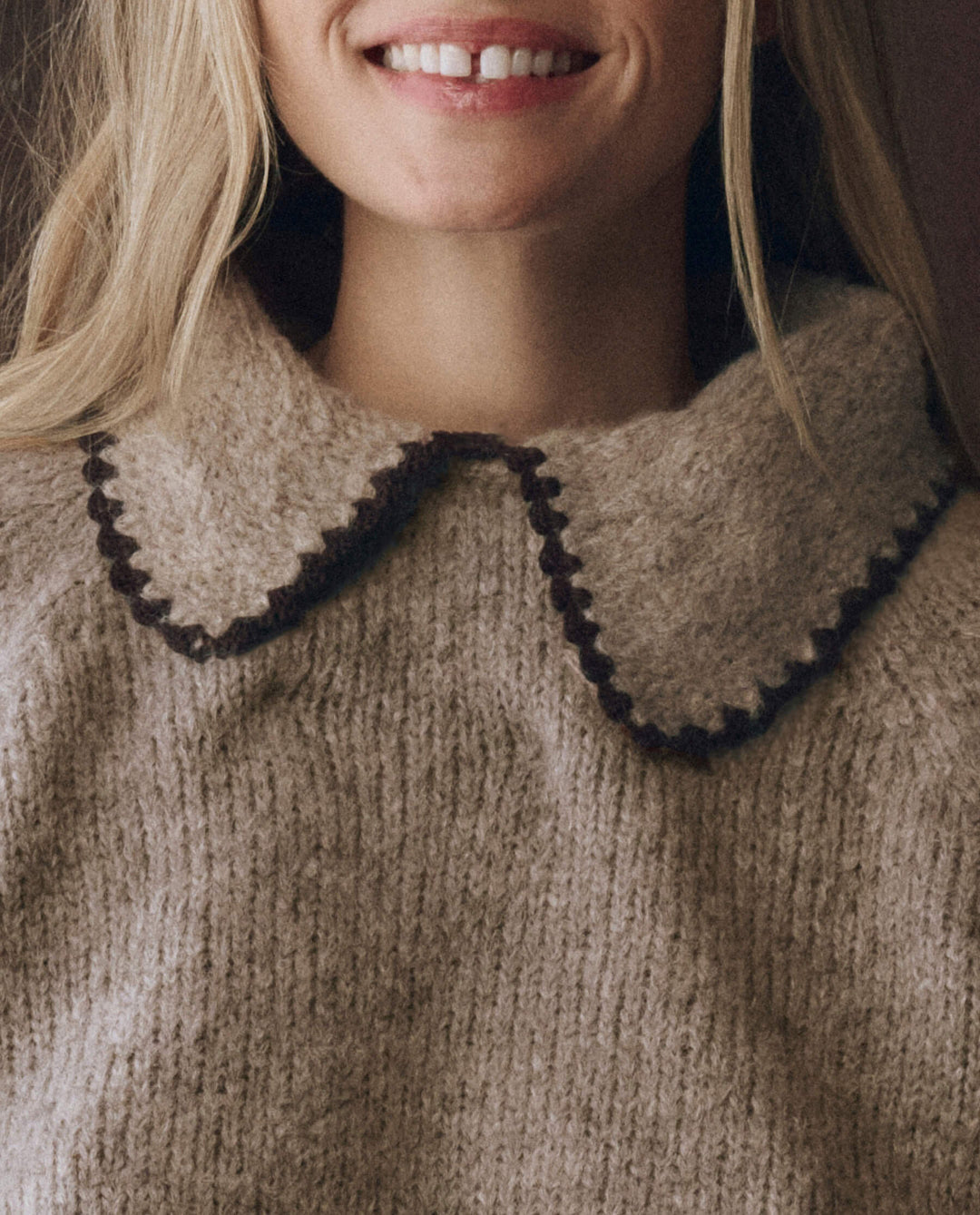 The Great Crochet Collar Pullover in Oat with Brown