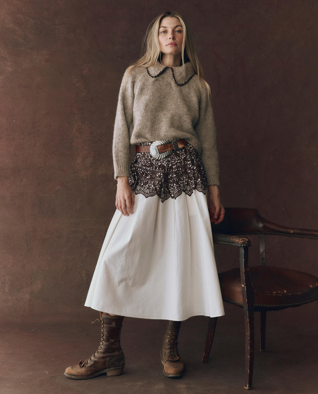 The Great Crochet Collar Pullover in Oat with Brown