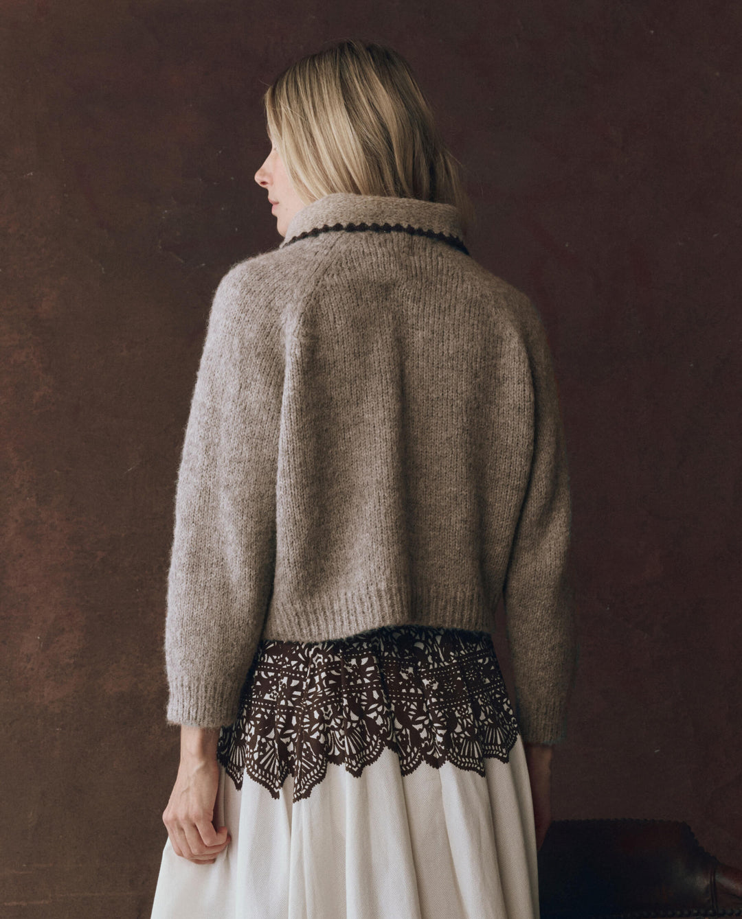 The Great Crochet Collar Pullover in Oat with Brown
