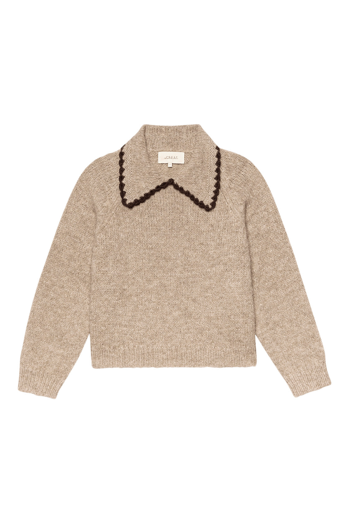 The Great Crochet Collar Pullover in Oat with Brown