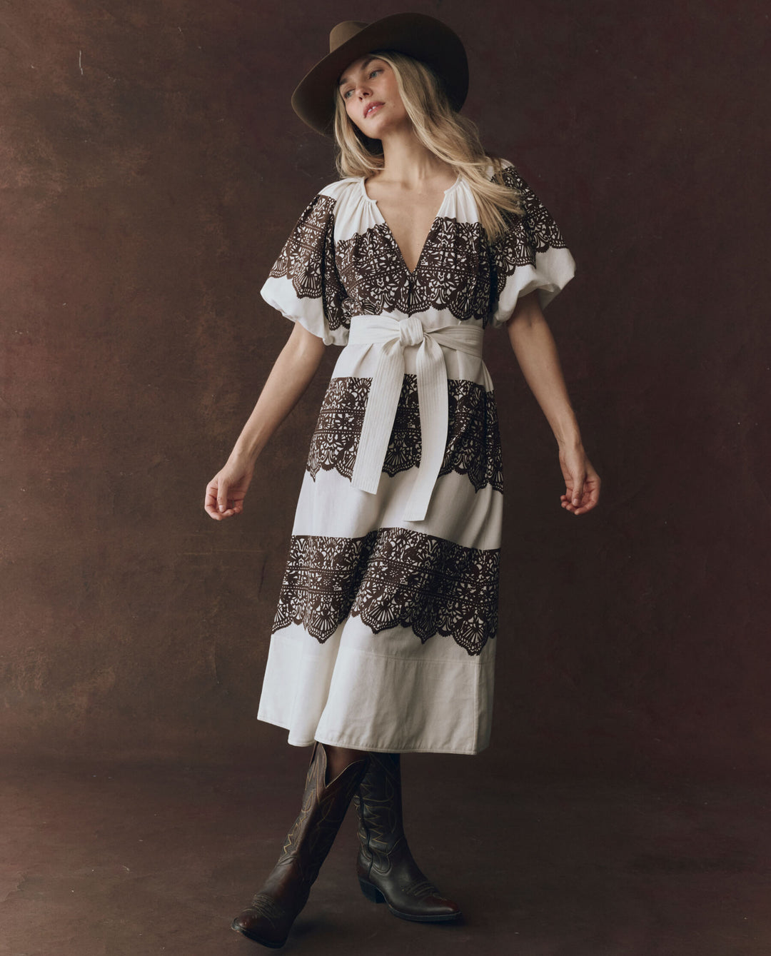 The Great Fairground Dress in Cream with Western Lace Print