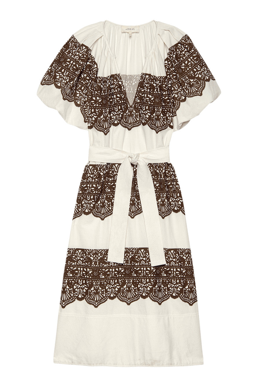 The Great Fairground Dress in Cream with Western Lace Print