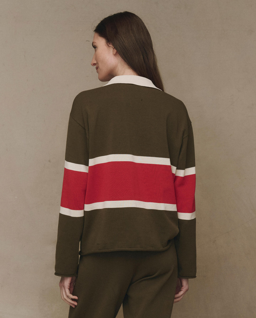 The Great Rugby Sweater in Army with Hot Red Stripe